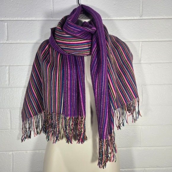 Peru Striped Wool Multicolor Fringe Scarf Kidcore Purple Winter Handwoven Bright - Picture 4 of 5